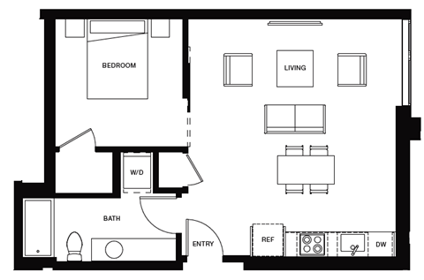 Floor plan for 1 bed, 1 bath, 613 sqft