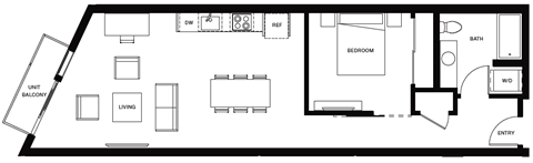 Floor plan for 1 bed, 1 bath, 742 sqft