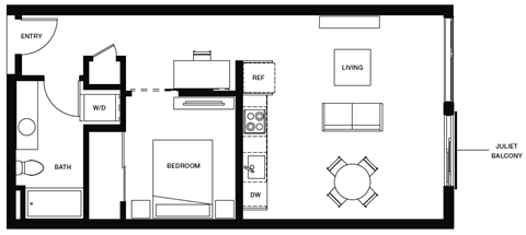 Floor plan for 1 bed, 1 bath, 633 sqft