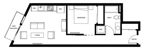 Floor plan for 1 bed, 1 bath, 596 sqft