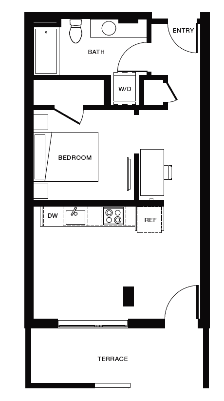 Floor plan for 1 bed, 1 bath, 566 sqft