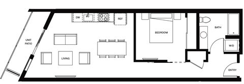 Floor plan for 1 bed, 1 bath, 665 sqft