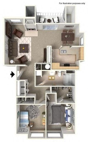 Floor plan for 2 beds, 1 bath, 925 sqft