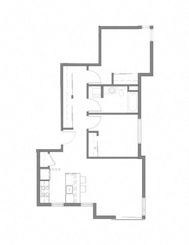 Floor plan for 2 beds, 1 bath, 887 sqft