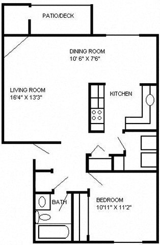 Floor plan for 1 bed, 1 bath, 700 sqft