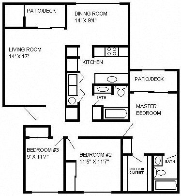 Floor plan for 3 beds, 2 baths, 1205 sqft