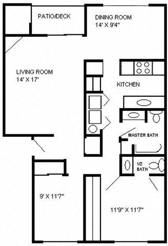 Floor plan for 2 beds, 1.5 baths, 970 sqft