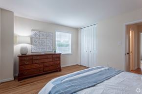 North Chesterfield apartment for rent - A bedroom with a large bed and a dresser with a lamp on it.