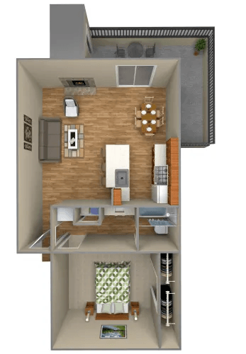 Floor plan for 1 bed, 1 bath, 670 sqft