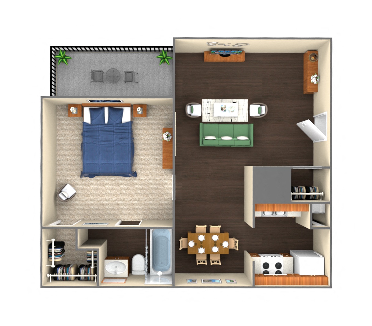 Floor plan for 1 bed, 1 bath, 693 sqft
