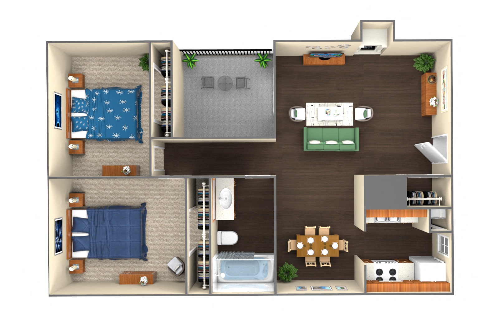 Floor plan for 2 beds, 1 bath, 859 sqft