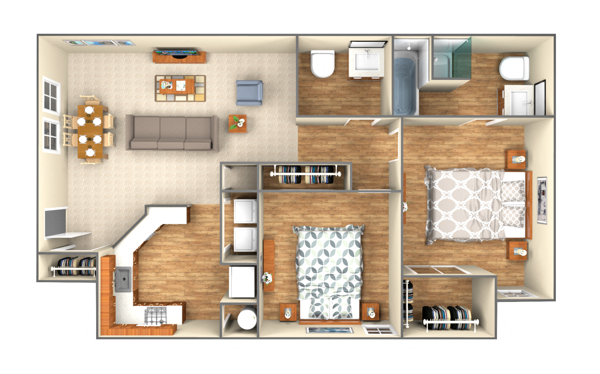 Floor plan for 2 beds, 2 baths, 963 sqft