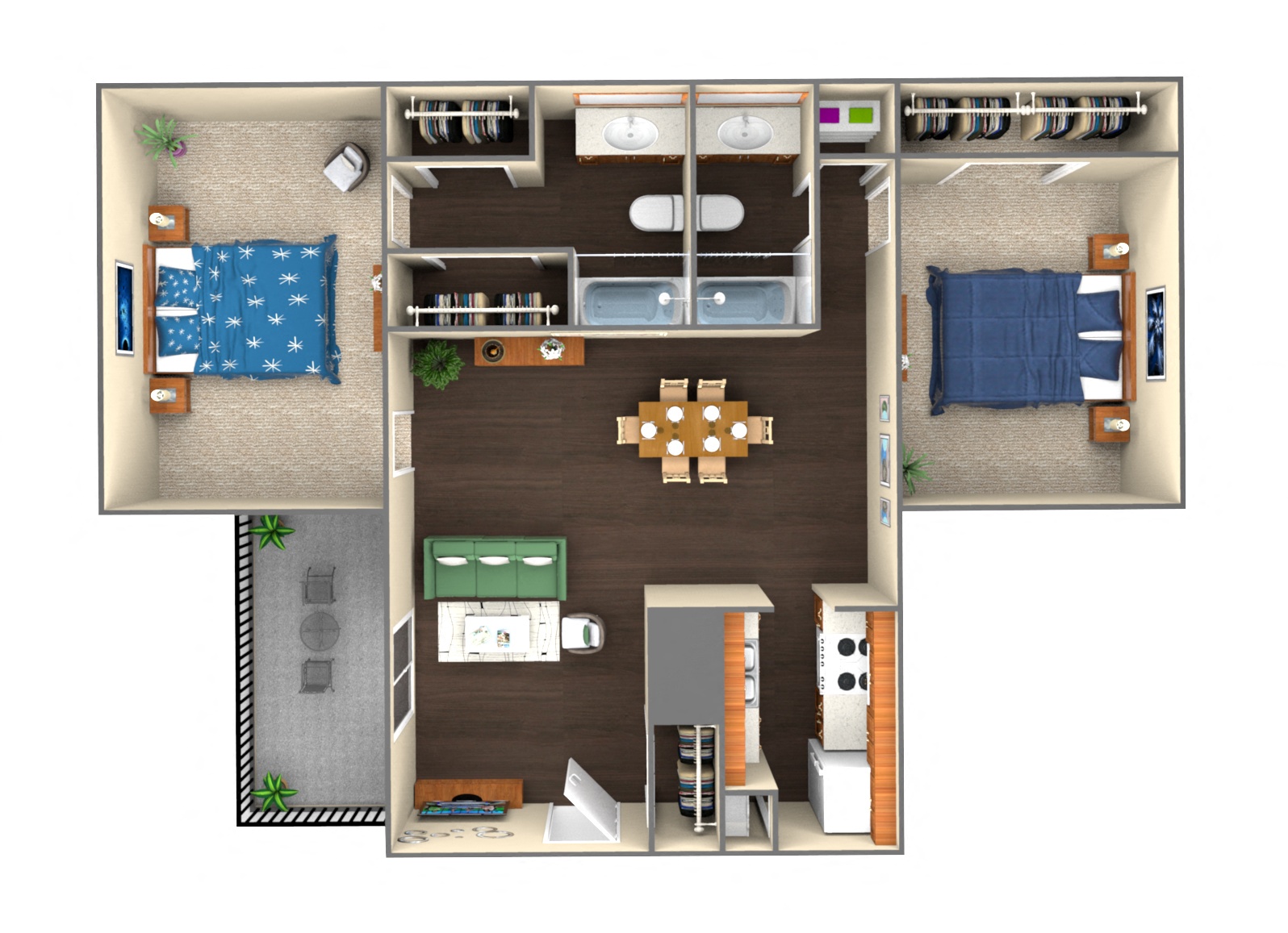 Floor plan for 2 beds, 2 baths, 1002 sqft