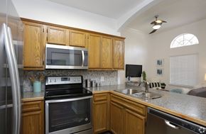 Austin apartment for rent - a kitchen with a stove sink and microwave and wooden cabinets