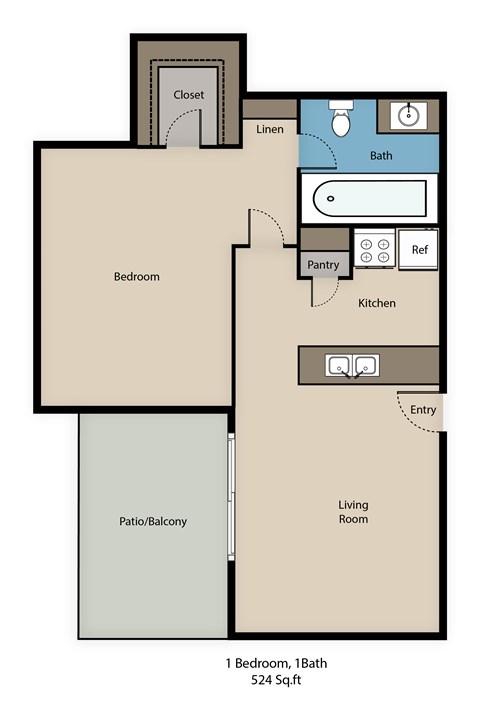 Floor plan for 1 bed, 1 bath, 524 sqft