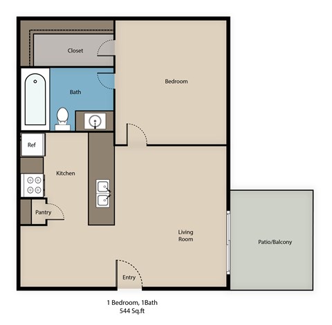 Floor plan for 1 bed, 1 bath, 544 sqft