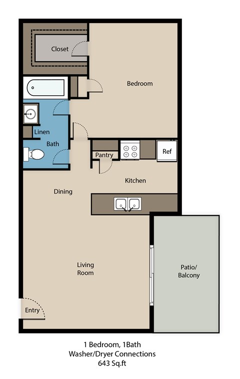 Floor plan for 1 bed, 1 bath, 643 sqft