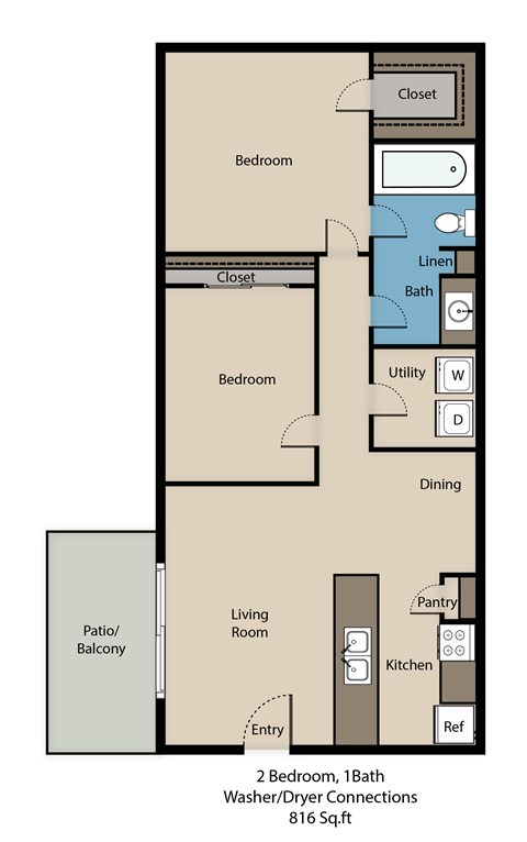 Floor plan for 2 beds, 1 bath, 816 sqft