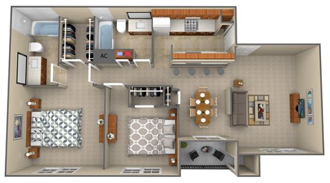 Floor plan for 2 beds, 2 baths, 1037 sqft