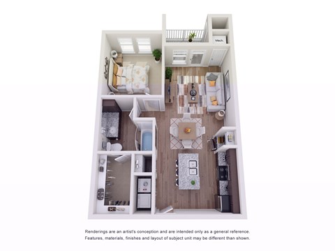 Floor plan for 1 bed, 1 bath, 703 sqft