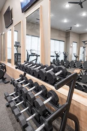 Del Valle apartment for rent - A gym with a mirror, weights, and exercise equipment. at Enclave on Ross Apartments, Del Valle