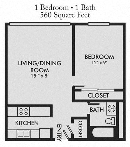 Floor plan for 1 bed, 1 bath, 560 sqft