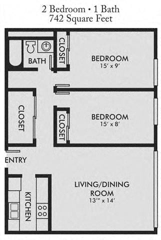 Floor plan for 2 beds, 1 bath, 742 sqft