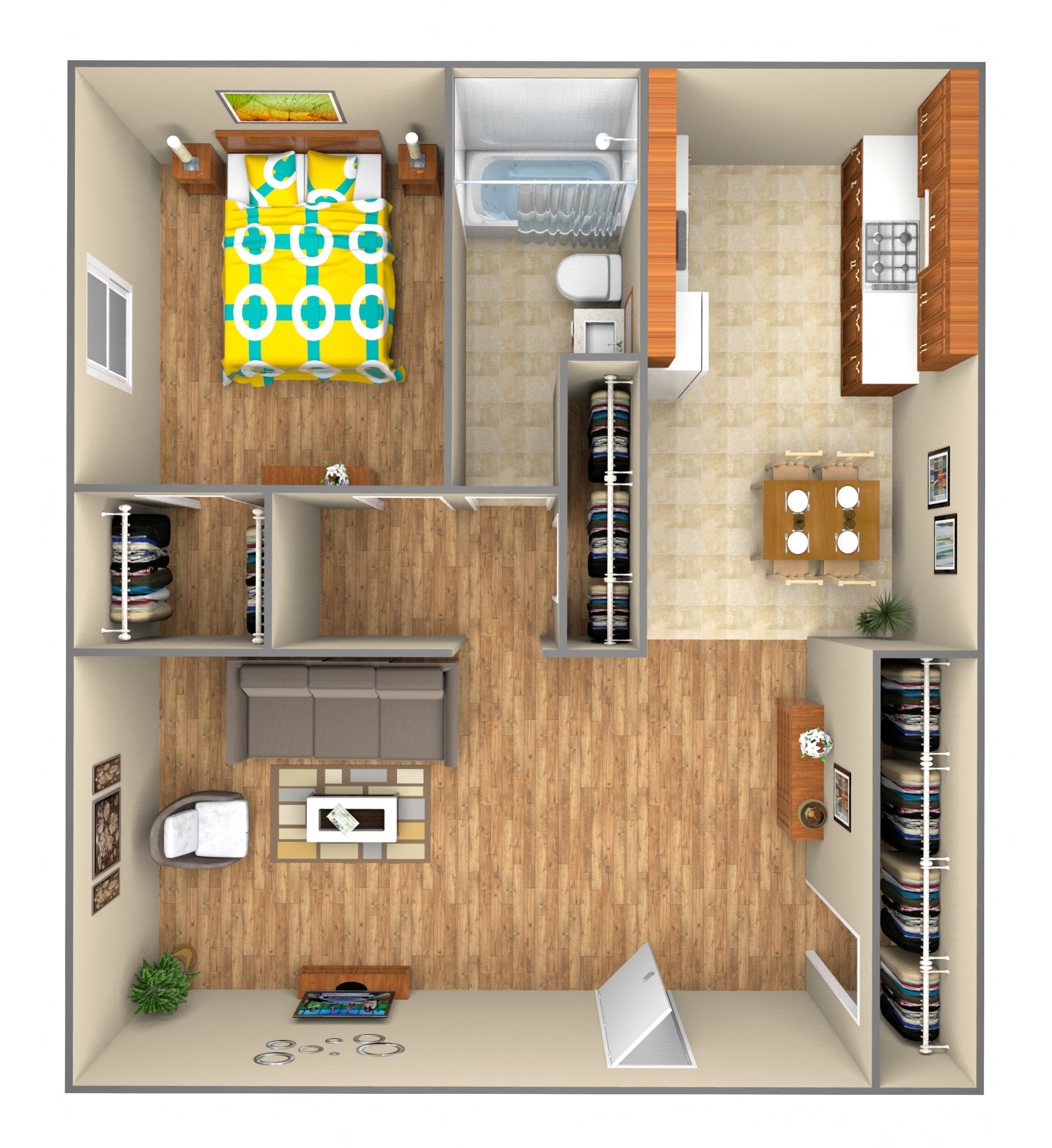 Floor plan for 1 bed, 1 bath, 600 sqft
