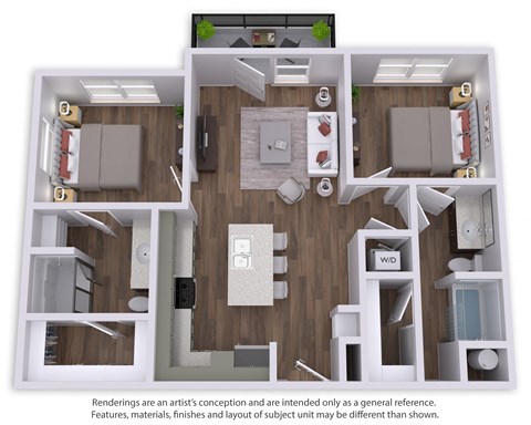 Floor plan for 2 beds, 2 baths, 1045 sqft