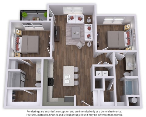 Floor plan for 2 beds, 2 baths, 1107 sqft