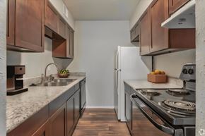 Dallas apartment for rent - a kitchen with wooden cabinets and granite counter tops and a stainless steel stove and refrigerator