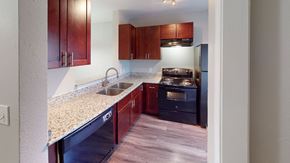 Round Rock apartment for rent - a kitchen with granite counter tops and black appliances