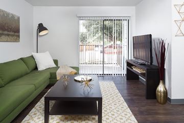 Austin apartment for rent - A living room with a green couch and a black coffee table.