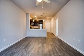 Corpus Christi apartment for rent - a living room with a kitchen and a ceiling fan