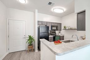 Gambrills apartment for rent - A kitchen with a black refrigerator and a white door.