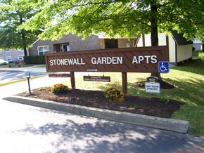 Bridgeport apartment for rent - A brown sign that says Stonewall Garden Apts.