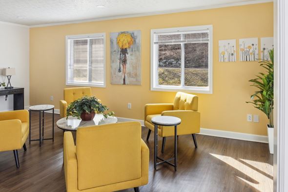 Bluefield apartment for rent - A living room with yellow chairs and a white table.