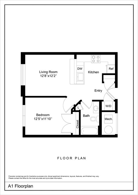 Floor plan for 1 bed, 1 bath, 593 sqft