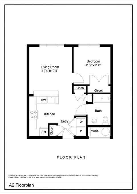 Floor plan for 1 bed, 1 bath, 580 sqft