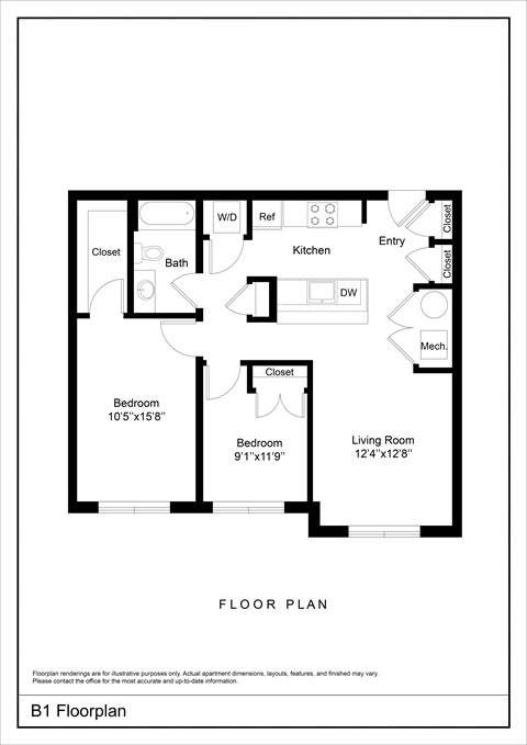 Floor plan for 2 beds, 1 bath, 815 sqft