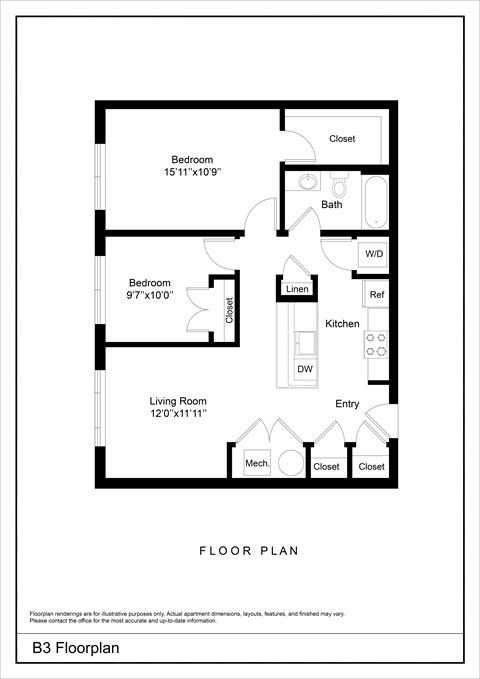 Floor plan for 2 beds, 1 bath, 829 sqft