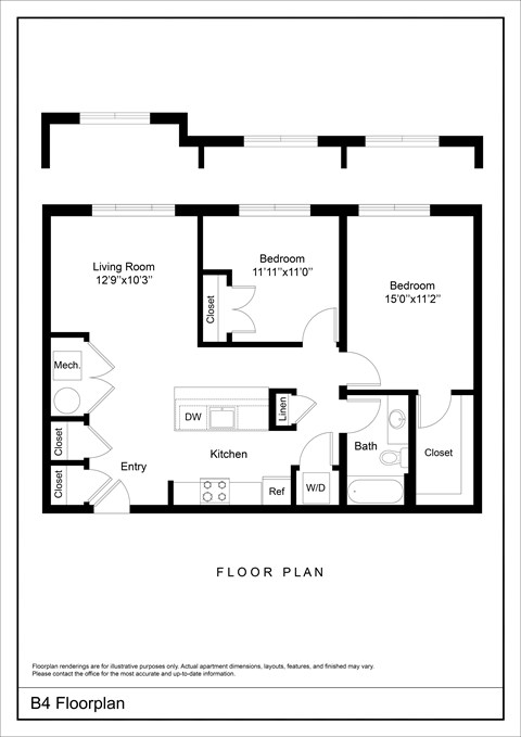 Floor plan for 2 beds, 1 bath, 884 sqft