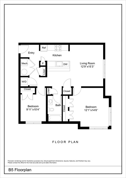 Floor plan for 2 beds, 1 bath, 854 sqft