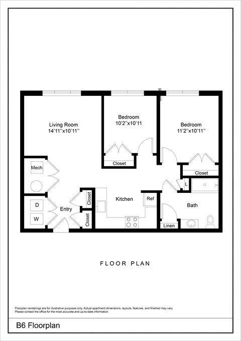 Floor plan for 2 beds, 1 bath, 859 sqft