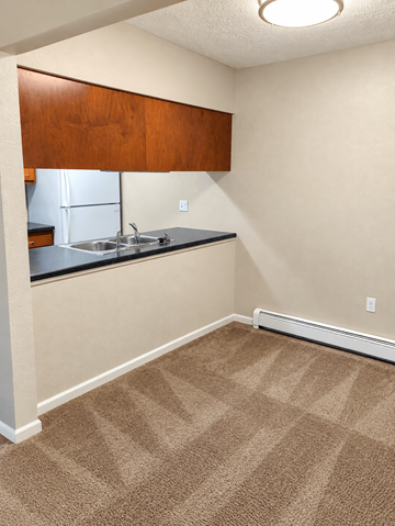 Traverse City apartment for rent - A kitchen area with a sink and a refrigerator.