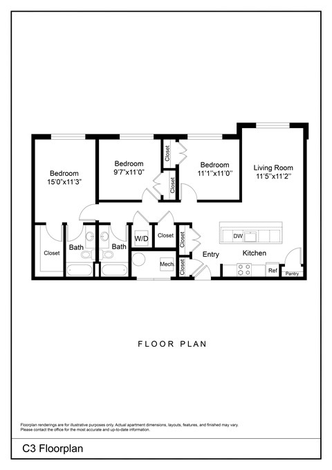 Floor plan for 3 beds, 2 baths, 1172 sqft