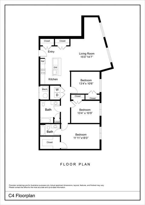 Floor plan for 3 beds, 2 baths, 1163 sqft