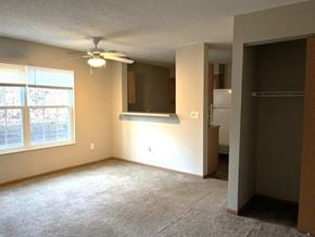 Parkersburg apartment for rent - an empty living room with a ceiling fan and a window