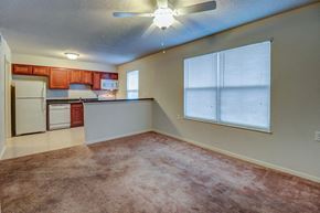 Dawson Springs apartment for rent - an empty living room with a kitchen and a ceiling fan