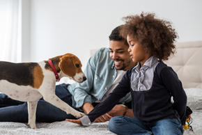 Lawrence apartment for rent - a father and child playing with a dog on a bed